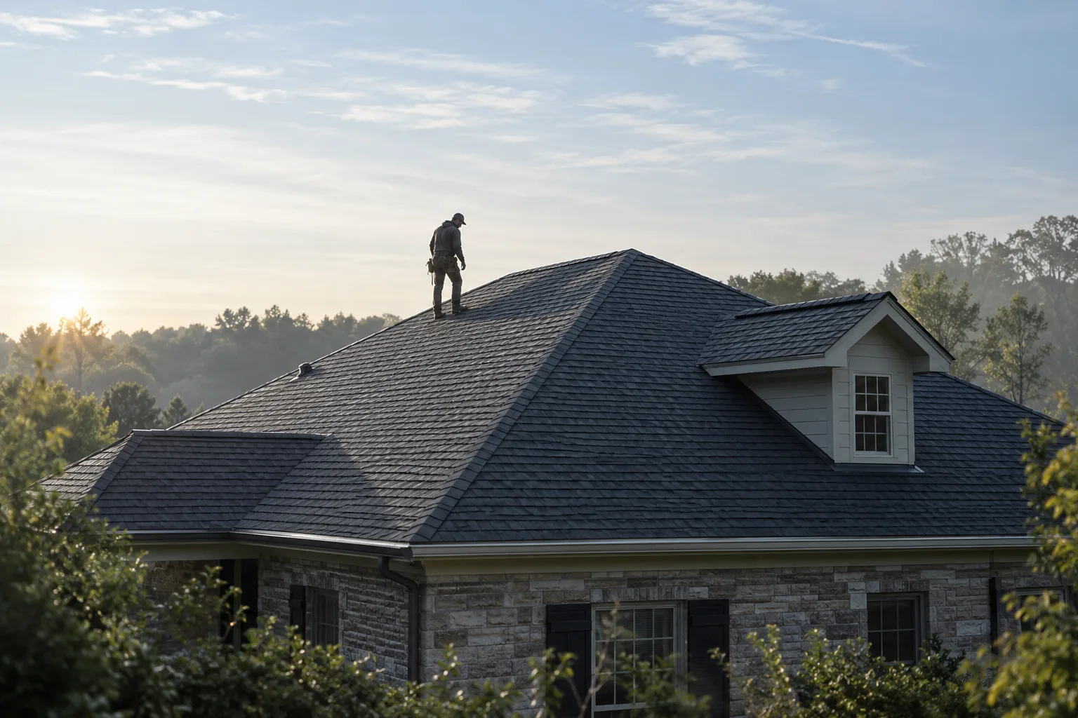 Anonymous backlit figure on a shingle hip roof with a dormer