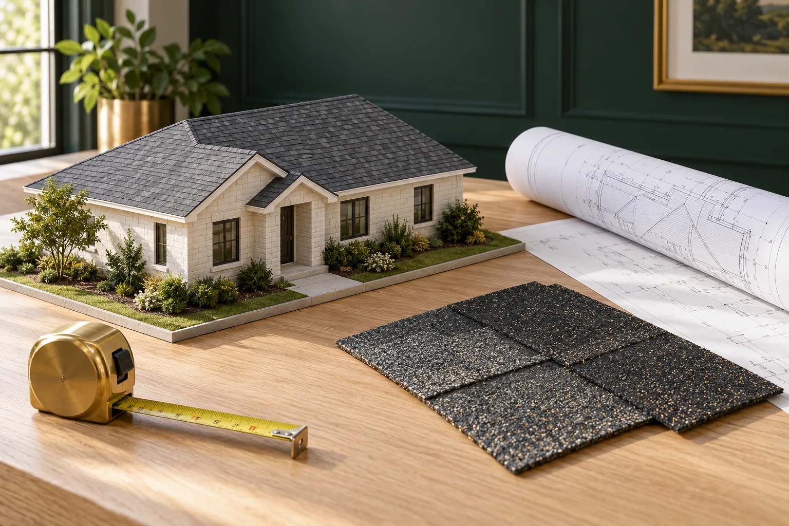 Illustrative house model, roof plans and shingle samples on a drafting table