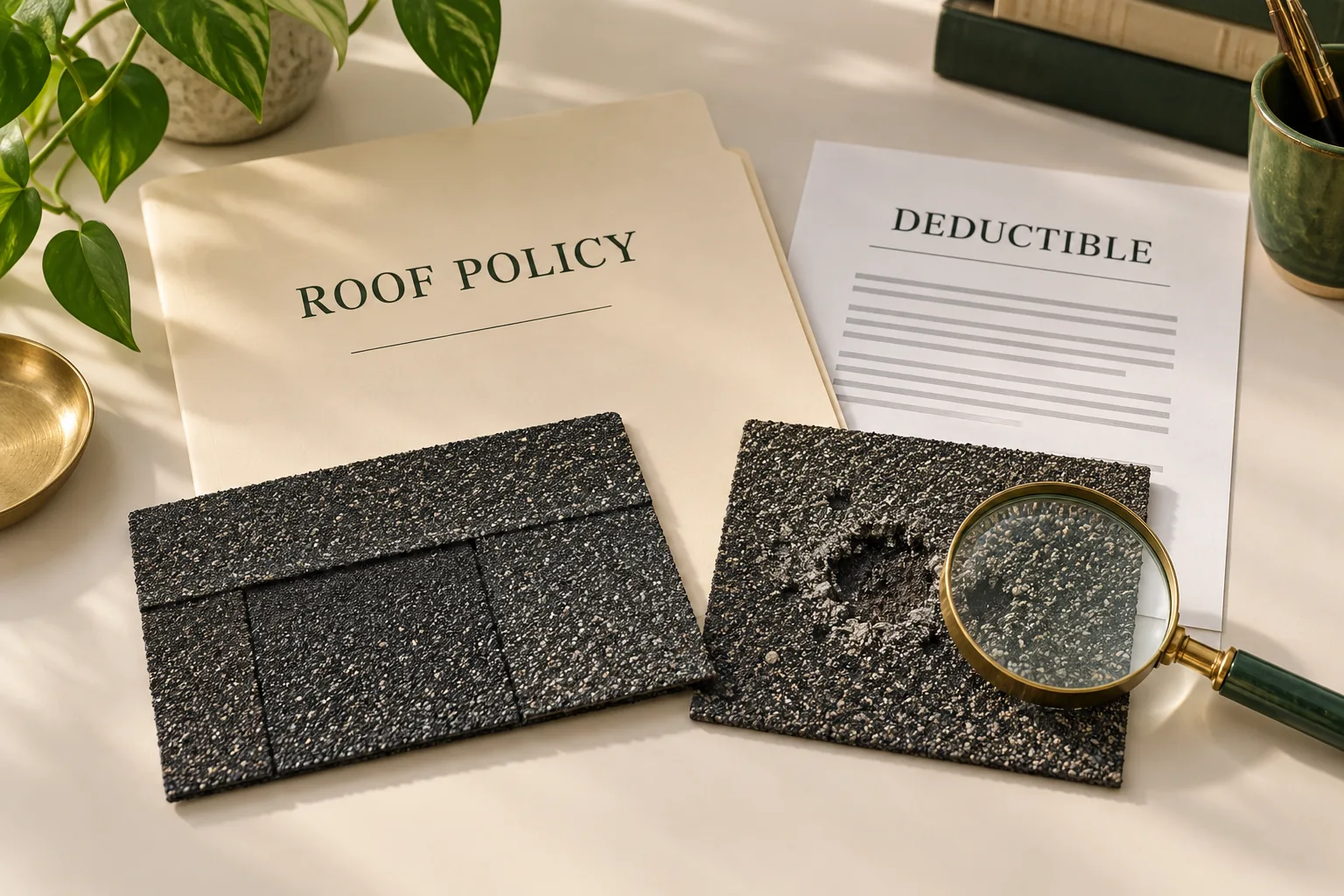 Illustration of roof policy and deductible papers with shingle samples