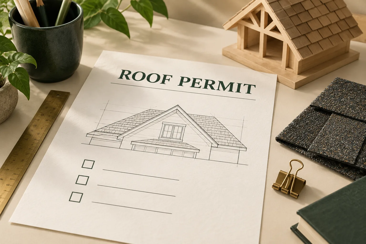 Illustration of a roof permit sheet with a roof drawing and inspection checkboxes