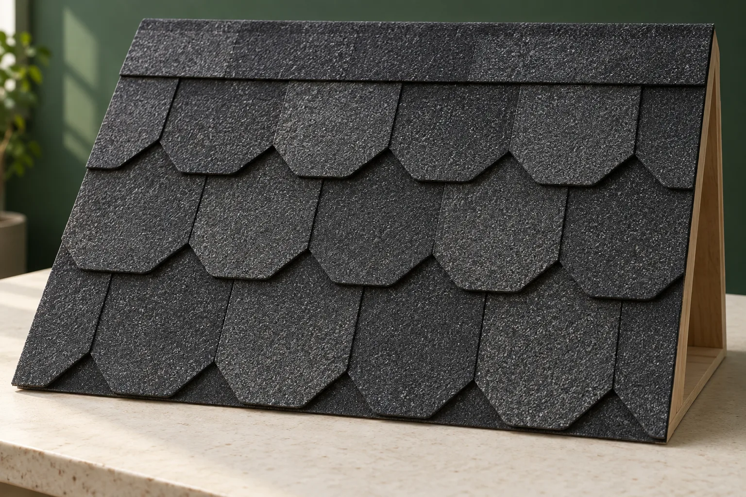 Clipped-corner designer asphalt shingle category shown on a sample panel
