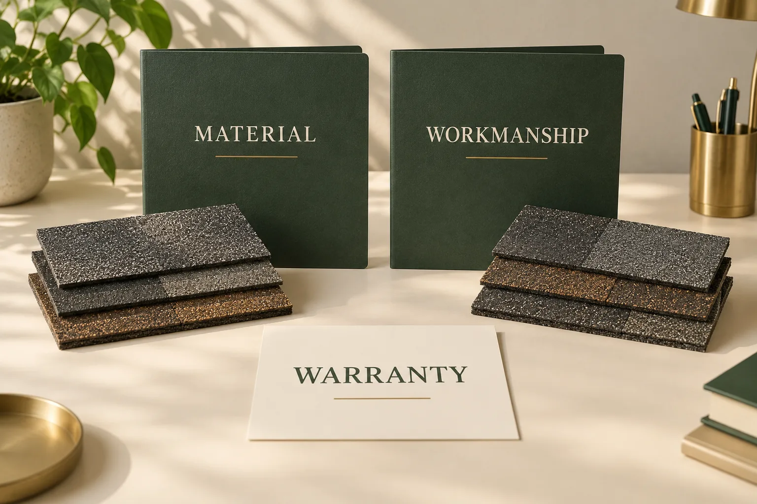 Illustration separating material and workmanship warranty folders beside shingle samples